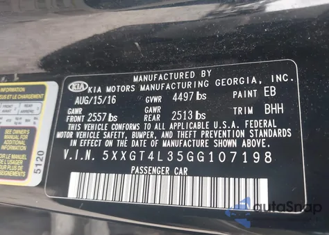 2016 Kia Optima Lx z USA, uszkodzony, nr VIN 5XXGT4L35GG107198